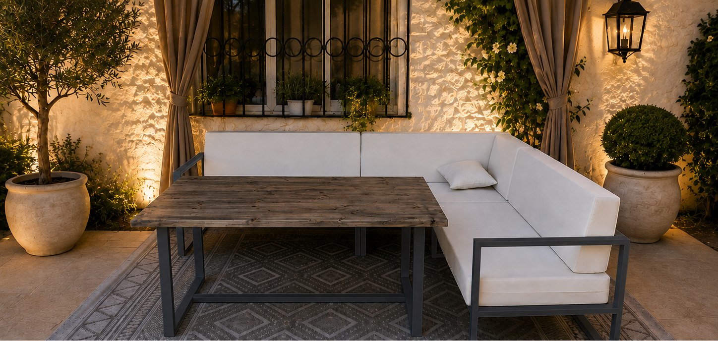 Salon de jardin d’angle JERIMA avec table en bois et coussins blancs, vue de face, structure métallique anthracite