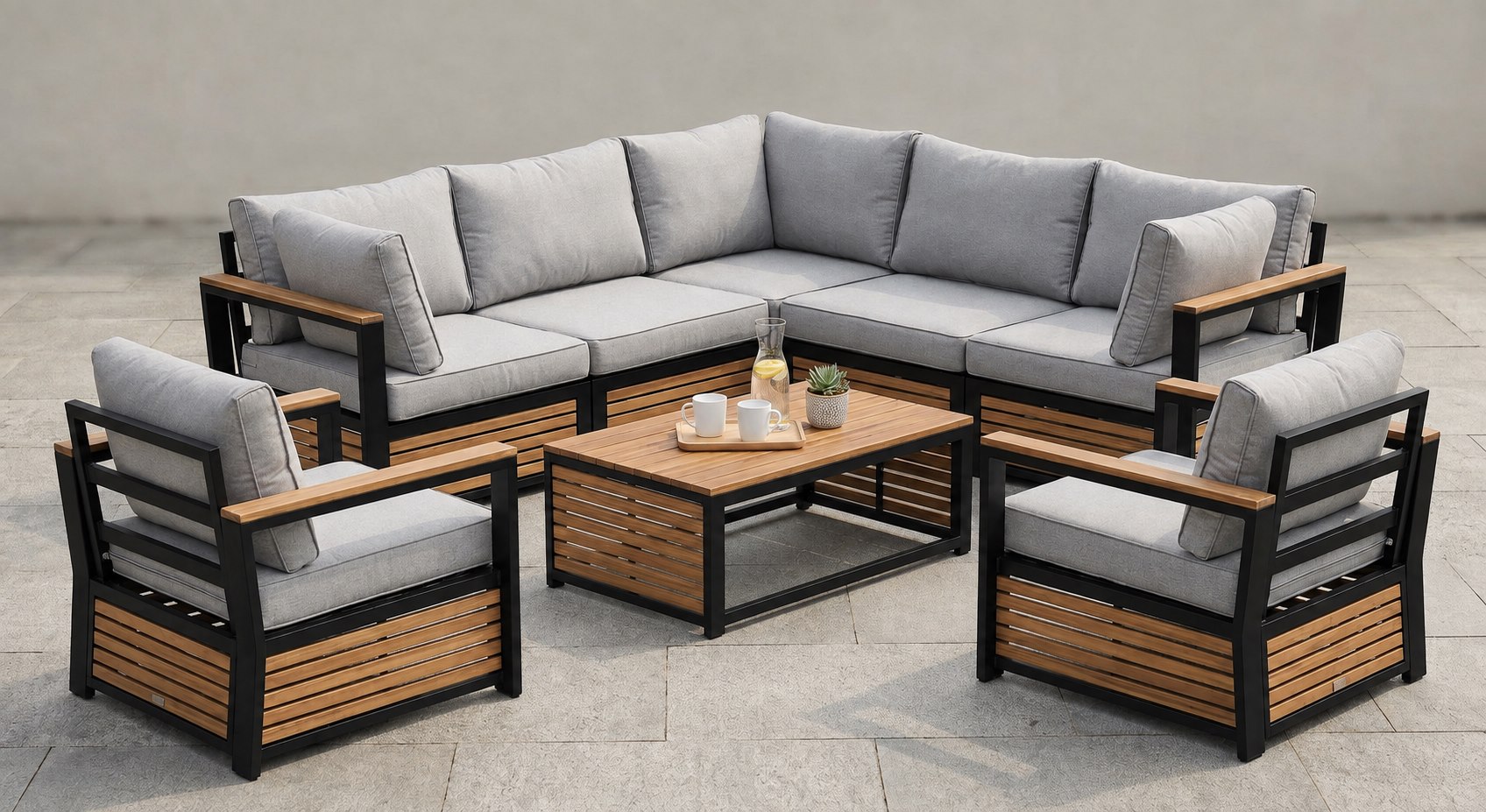 Salon de jardin JERIMA en bois et métal avec assises modulaires, vue de face, structure métallique noir